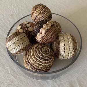 Handwoven Natural Fiber Decorative Orbs + Glass Bowl | Boho Table Decor Set